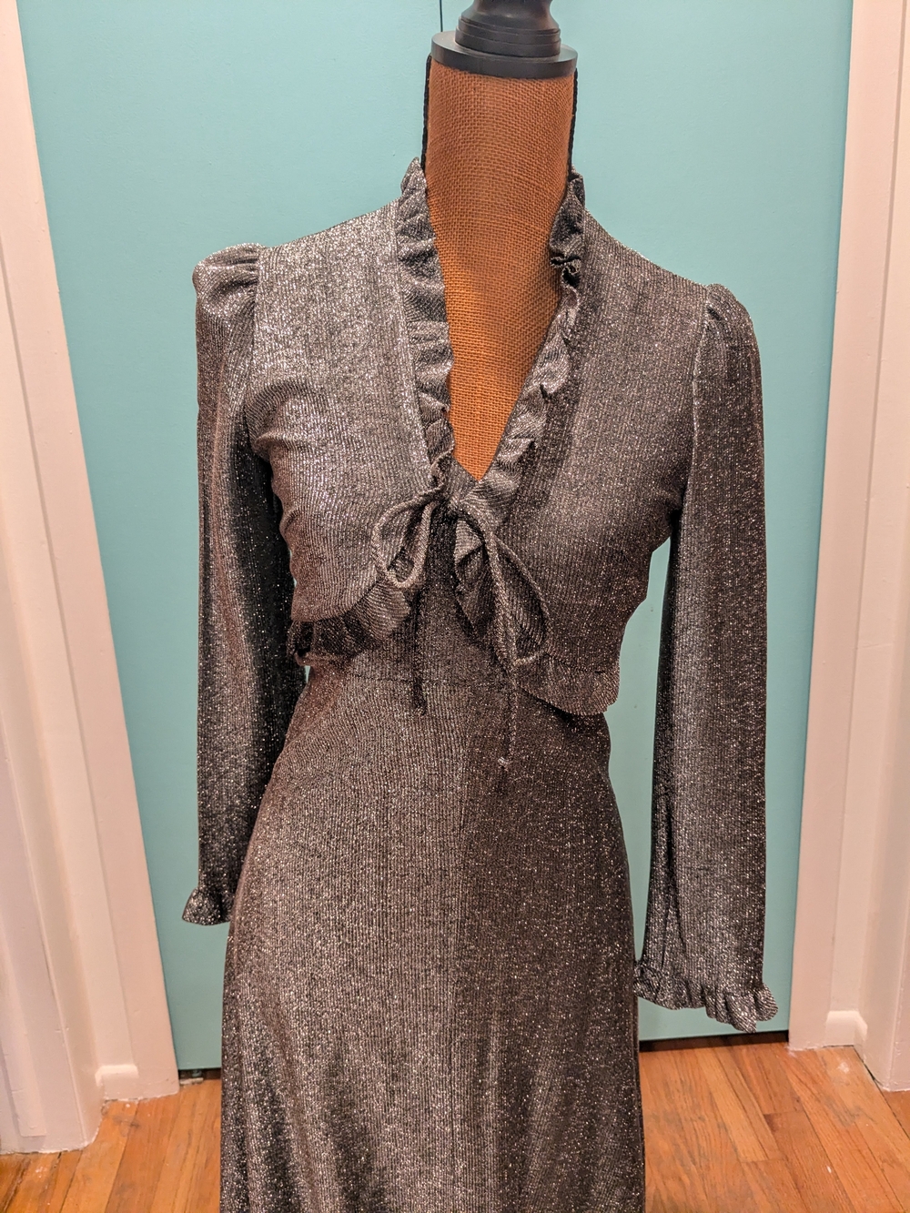 Vintage 70s Slinky Silver Lurex Dress With Matching Cropped Jacket